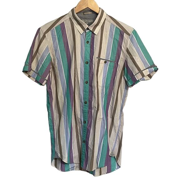 Ted Baker Shirt Colorblock Stripe Button Up Short Sleeve Men’s Sz 3 EUC - Picture 1 of 10